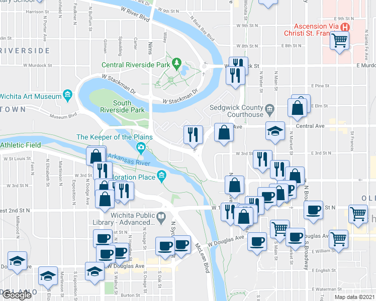 map of restaurants, bars, coffee shops, grocery stores, and more near 14-400 West Central Avenue in Wichita
