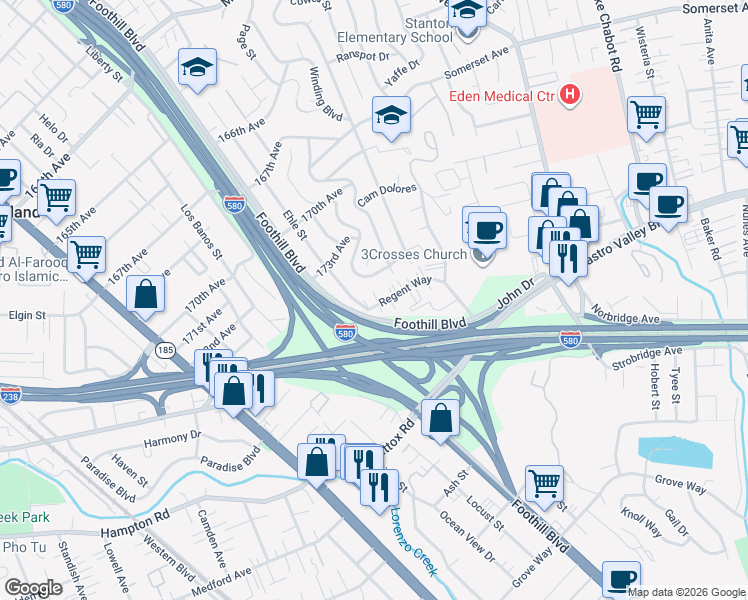 map of restaurants, bars, coffee shops, grocery stores, and more near 2084 Regent Way in Castro Valley