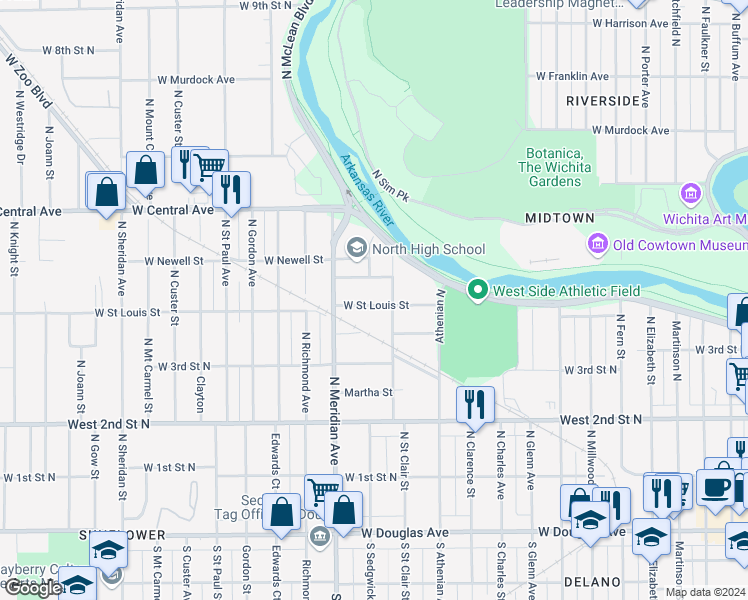 map of restaurants, bars, coffee shops, grocery stores, and more near 2420 West Saint Louis Street in Wichita