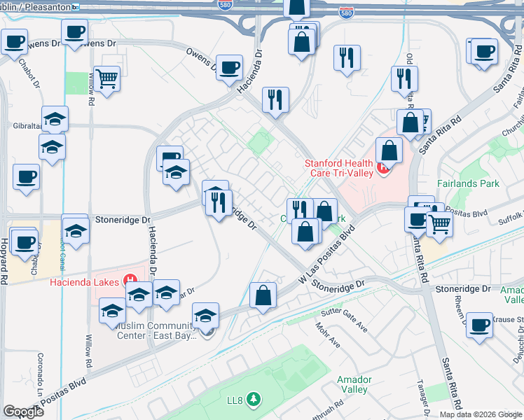 map of restaurants, bars, coffee shops, grocery stores, and more near 3640 Florian Street in Pleasanton