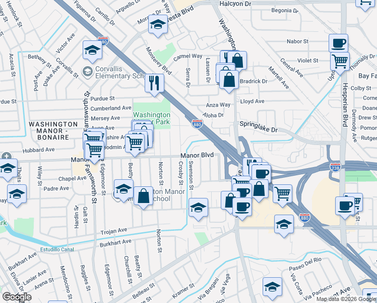 map of restaurants, bars, coffee shops, grocery stores, and more near 692 Garside Court in San Leandro