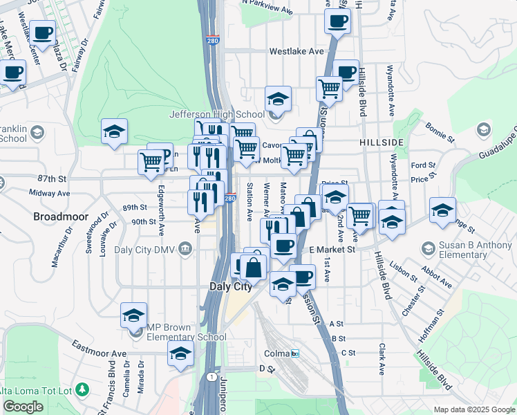 map of restaurants, bars, coffee shops, grocery stores, and more near 175 Station Avenue in Daly City