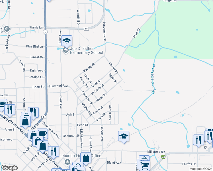 map of restaurants, bars, coffee shops, grocery stores, and more near 1035 Wood Street in Lebanon
