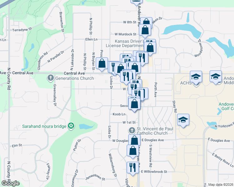 map of restaurants, bars, coffee shops, grocery stores, and more near 342 Lioba Drive in Andover