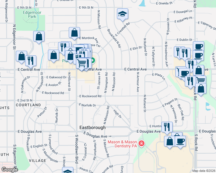 map of restaurants, bars, coffee shops, grocery stores, and more near 355 North Mission Road in Wichita