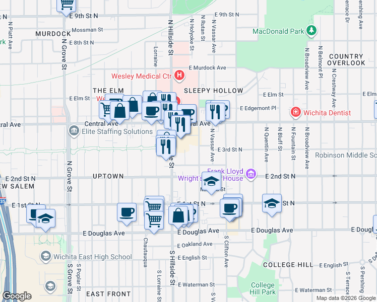 map of restaurants, bars, coffee shops, grocery stores, and more near 362 North Holyoke Street in Wichita