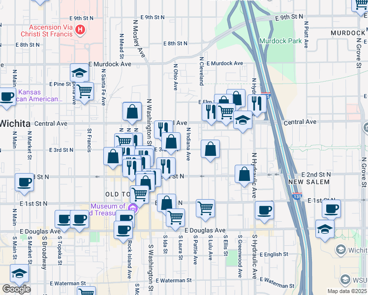 map of restaurants, bars, coffee shops, grocery stores, and more near 400-416 North Indiana Avenue in Wichita