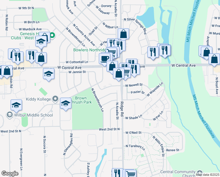 map of restaurants, bars, coffee shops, grocery stores, and more near 7335 Newell Street in Wichita