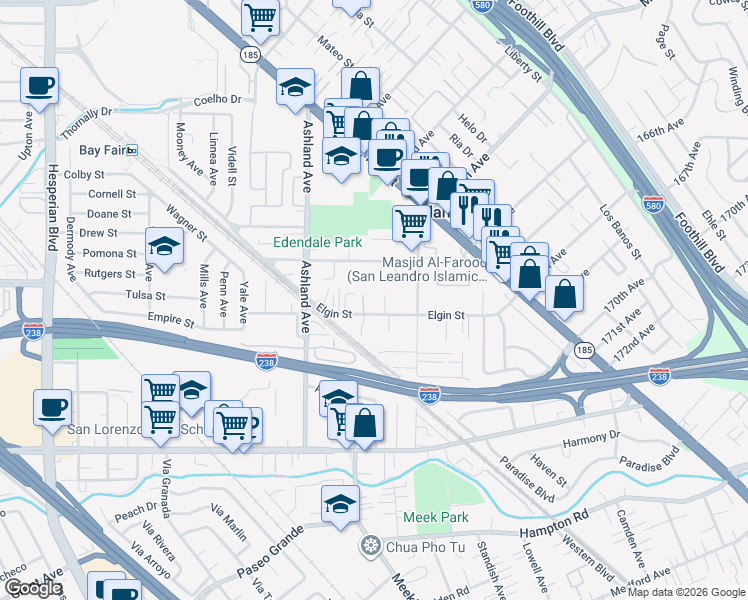 map of restaurants, bars, coffee shops, grocery stores, and more near 922 Elgin Court in San Lorenzo