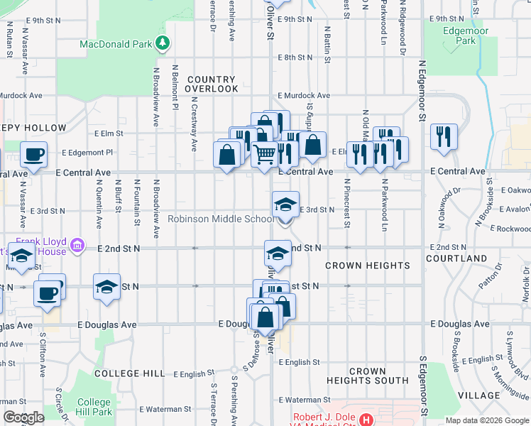 map of restaurants, bars, coffee shops, grocery stores, and more near 357 North Oliver Street in Wichita