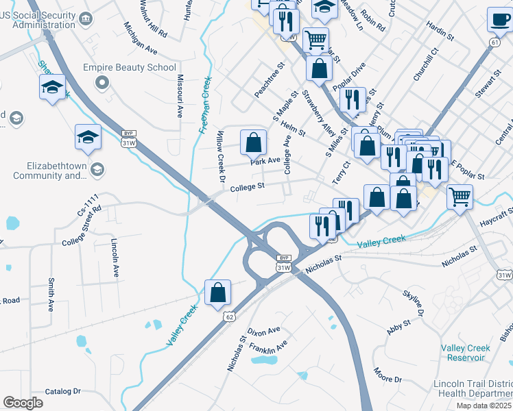 map of restaurants, bars, coffee shops, grocery stores, and more near 499 Lexington Avenue in Elizabethtown