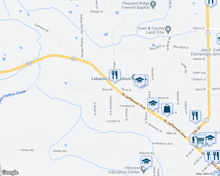 map of restaurants, bars, coffee shops, grocery stores, and more near 1405 North Jefferson Avenue in Lebanon