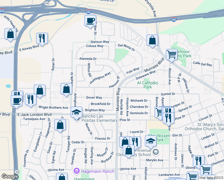 map of restaurants, bars, coffee shops, grocery stores, and more near 1287 Lakehurst Road in Livermore