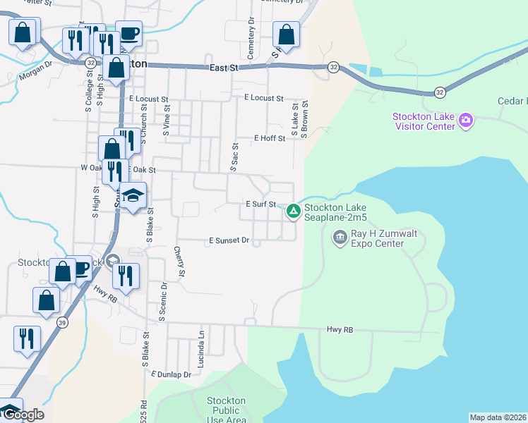 map of restaurants, bars, coffee shops, grocery stores, and more near 726 East Surf Street in Stockton