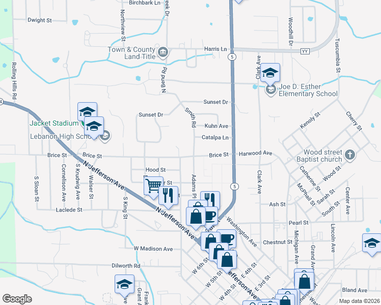 map of restaurants, bars, coffee shops, grocery stores, and more near 311 Brice Street in Lebanon