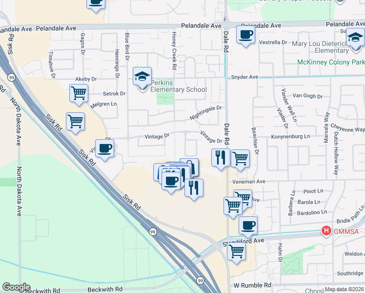 map of restaurants, bars, coffee shops, grocery stores, and more near 3629 Landmark Circle in Modesto
