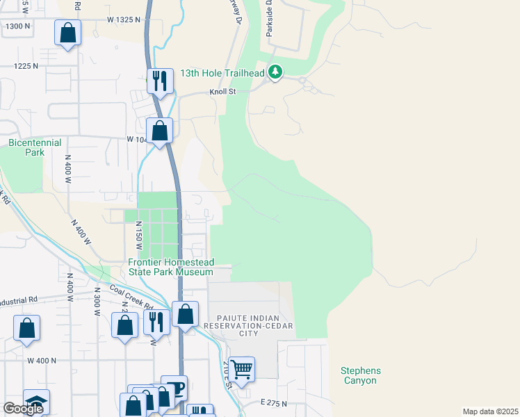 map of restaurants, bars, coffee shops, grocery stores, and more near 297 East Cedar Ridge Circle in Cedar City