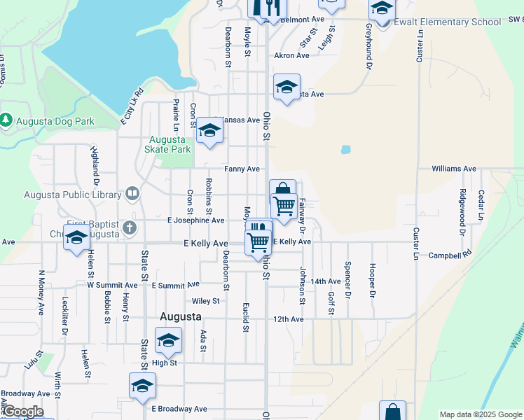 map of restaurants, bars, coffee shops, grocery stores, and more near 1611 Ohio Street in Augusta