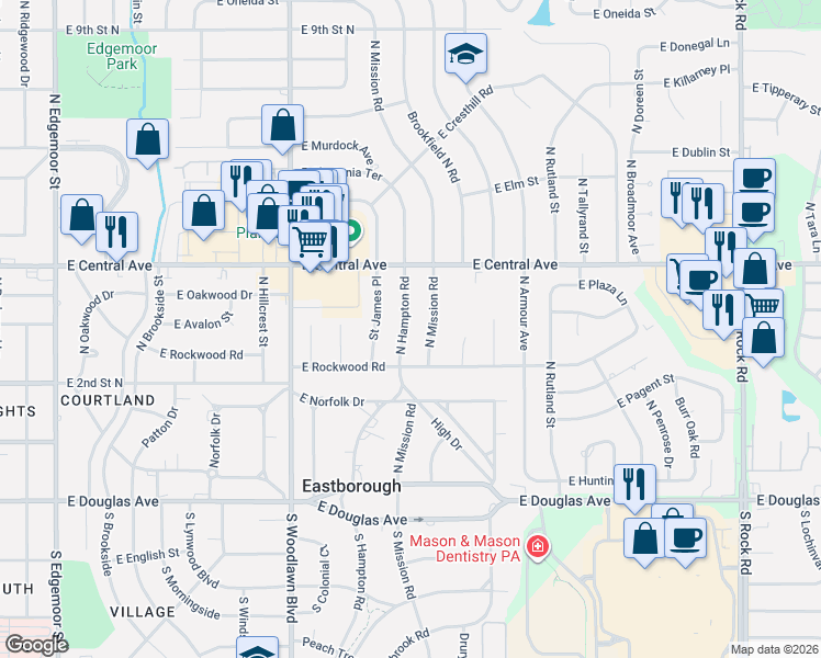 map of restaurants, bars, coffee shops, grocery stores, and more near 355 North Mission Road in Wichita