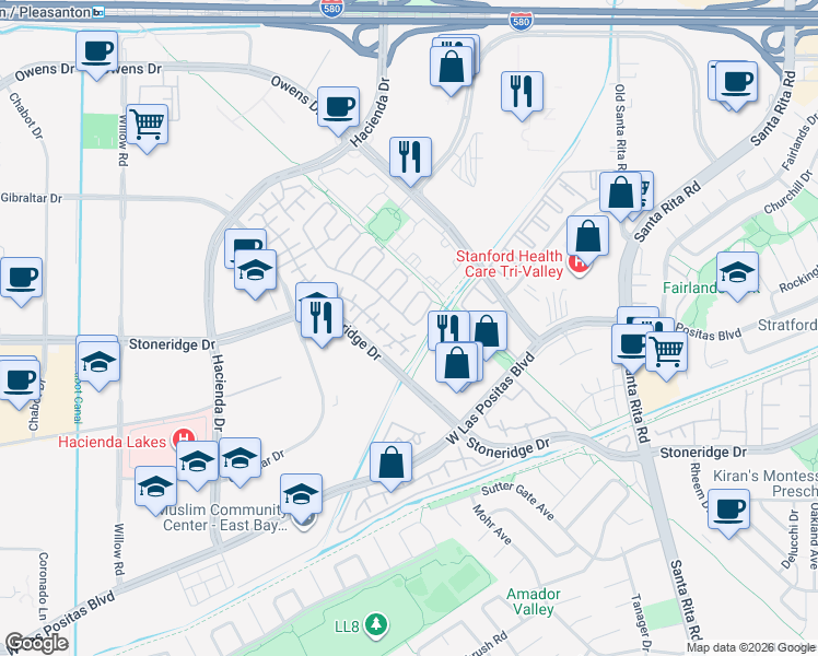 map of restaurants, bars, coffee shops, grocery stores, and more near 3720 Appian Street in Pleasanton