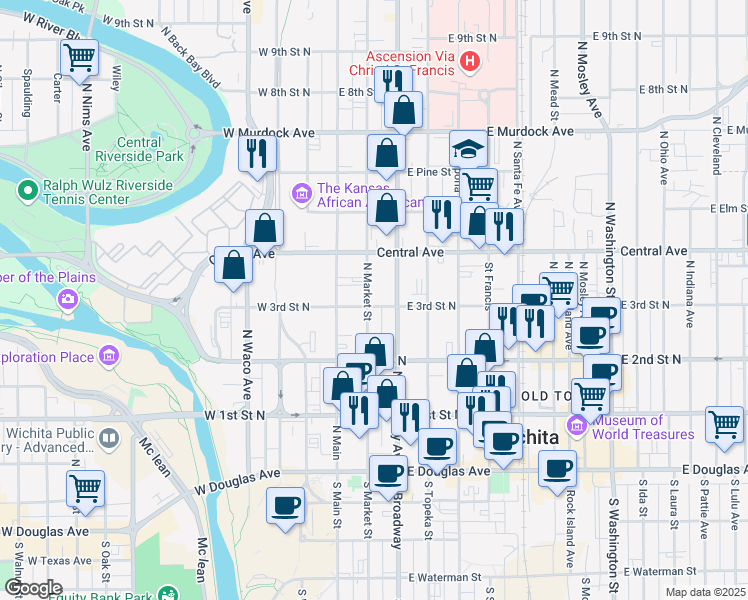 map of restaurants, bars, coffee shops, grocery stores, and more near 402 North Market Street in Wichita