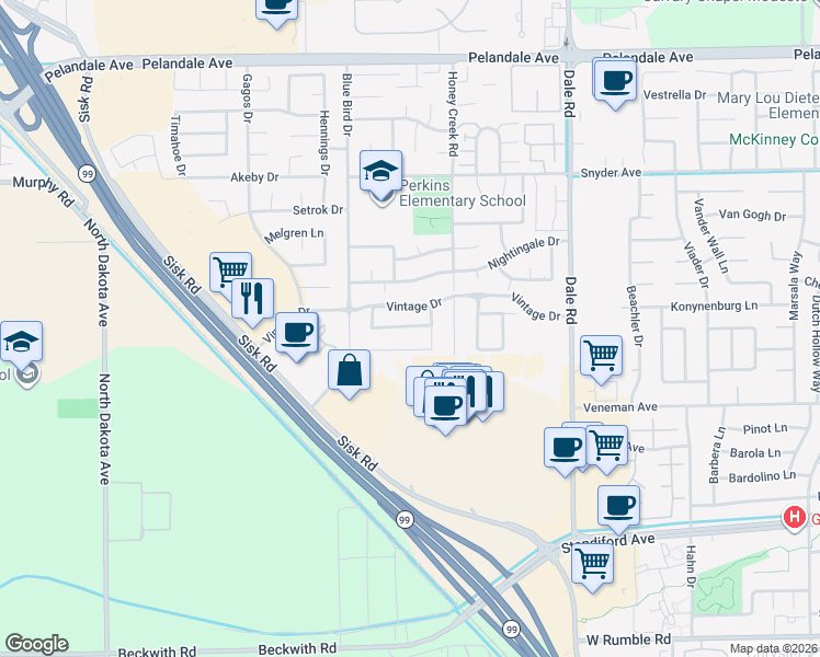 map of restaurants, bars, coffee shops, grocery stores, and more near Showcase Way in Modesto