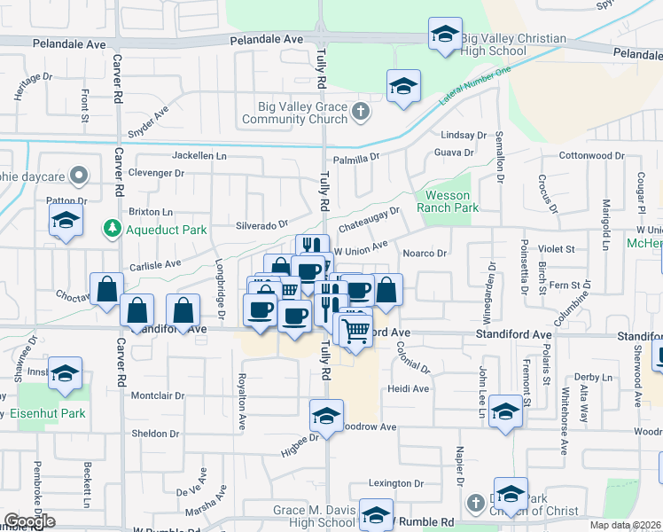 map of restaurants, bars, coffee shops, grocery stores, and more near 3700 Tully Road in Modesto