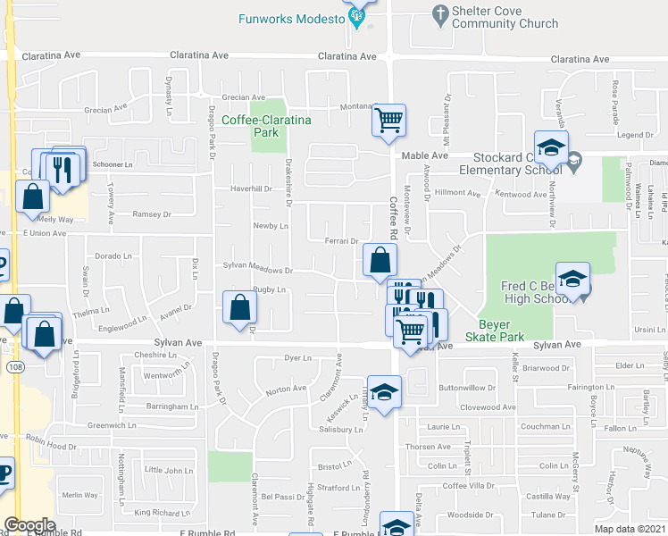 map of restaurants, bars, coffee shops, grocery stores, and more near 3601 Sylvan Meadows Court in Modesto