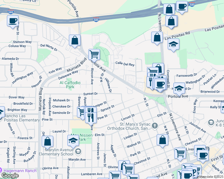 map of restaurants, bars, coffee shops, grocery stores, and more near 1221 Hillview Drive in Livermore