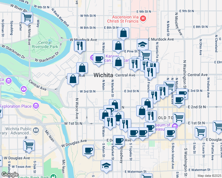 map of restaurants, bars, coffee shops, grocery stores, and more near 401 North Market Street in Wichita