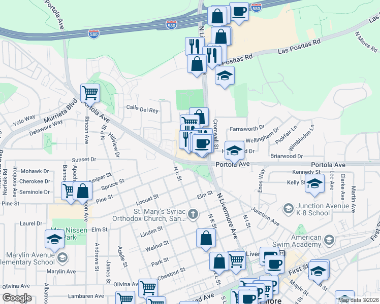 map of restaurants, bars, coffee shops, grocery stores, and more near 2002 Portola Avenue in Livermore