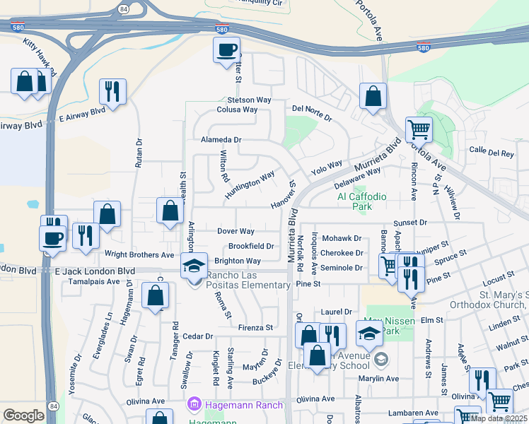 map of restaurants, bars, coffee shops, grocery stores, and more near 635 Hanover Street in Livermore