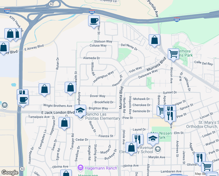 map of restaurants, bars, coffee shops, grocery stores, and more near 635 Hanover Street in Livermore