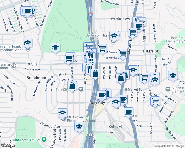 map of restaurants, bars, coffee shops, grocery stores, and more near 2 89th Street in Daly City