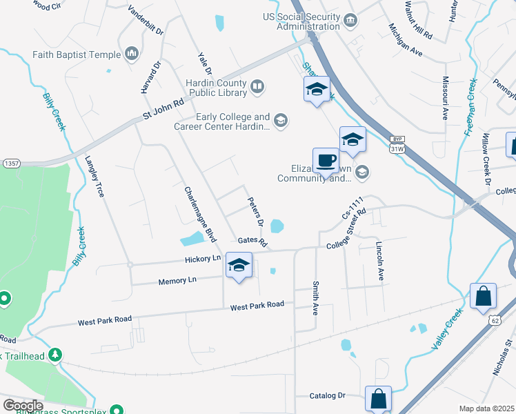 map of restaurants, bars, coffee shops, grocery stores, and more near 553 Peters Drive in Elizabethtown