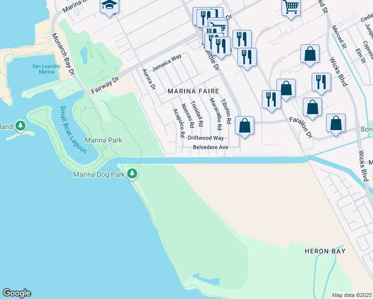 map of restaurants, bars, coffee shops, grocery stores, and more near 2444 Belvedere Avenue in San Leandro