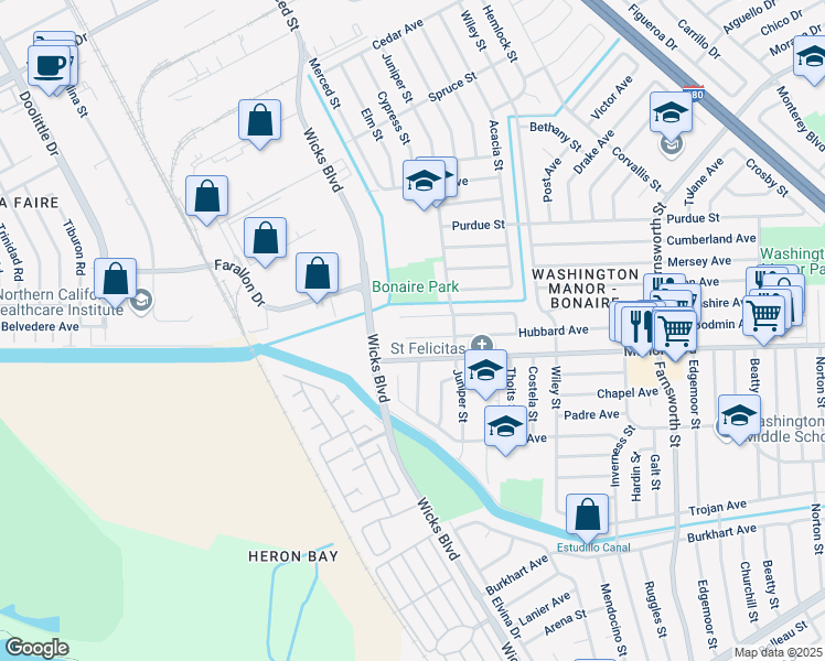 map of restaurants, bars, coffee shops, grocery stores, and more near 1787 Hubbard Avenue in San Leandro