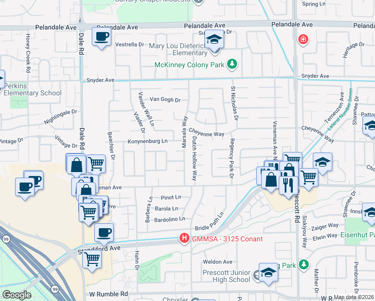 map of restaurants, bars, coffee shops, grocery stores, and more near 3612 Marsala Way in Modesto