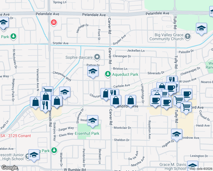 map of restaurants, bars, coffee shops, grocery stores, and more near 3620 Mohawk Lane in Modesto