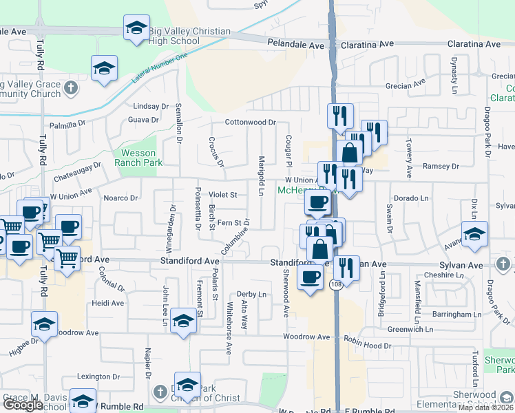 map of restaurants, bars, coffee shops, grocery stores, and more near 3721 Marigold Lane in Modesto