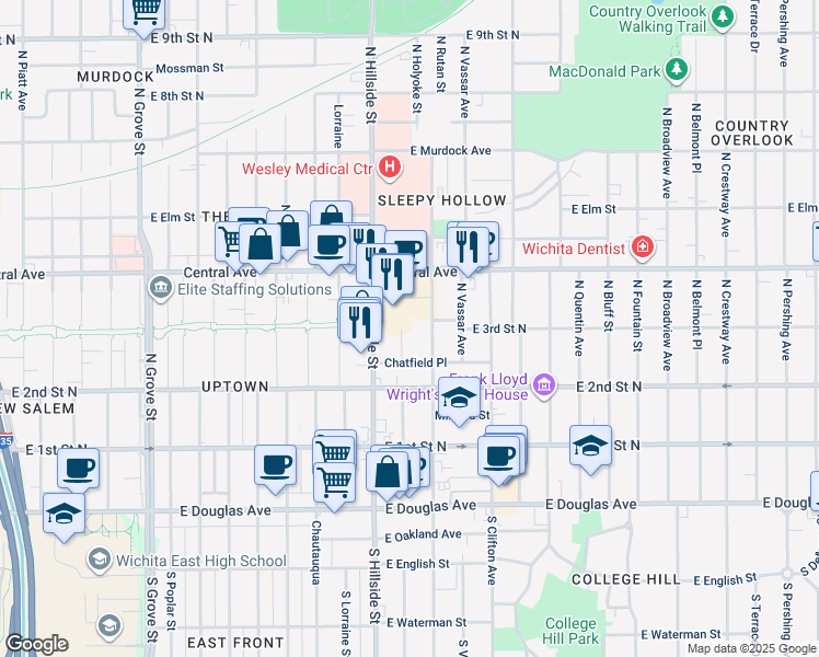 map of restaurants, bars, coffee shops, grocery stores, and more near 362 North Holyoke Street in Wichita