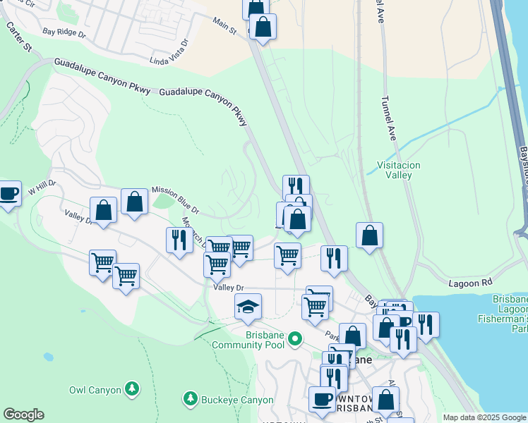 map of restaurants, bars, coffee shops, grocery stores, and more near 134 Cliff Swallow Court in Brisbane