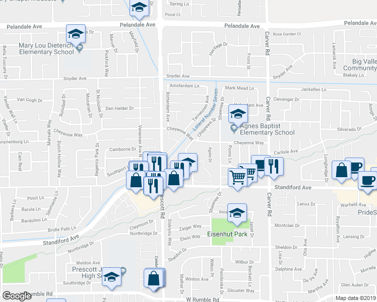 map of restaurants, bars, coffee shops, grocery stores, and more near 3620 Doheny Way in Modesto