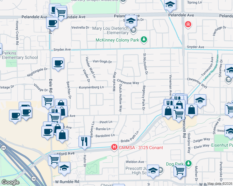 map of restaurants, bars, coffee shops, grocery stores, and more near 3612 Marsala Way in Modesto