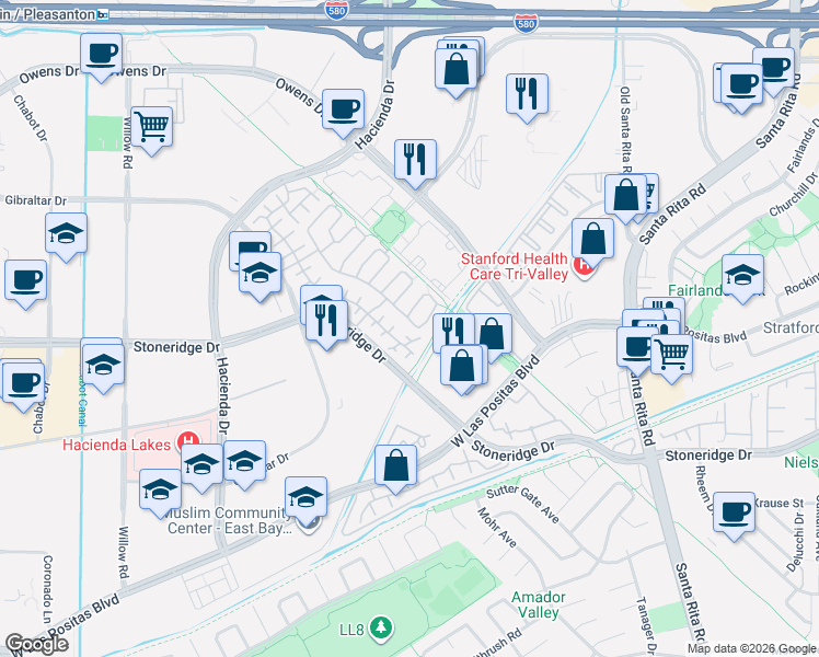 map of restaurants, bars, coffee shops, grocery stores, and more near 3720 Appian Street in Pleasanton