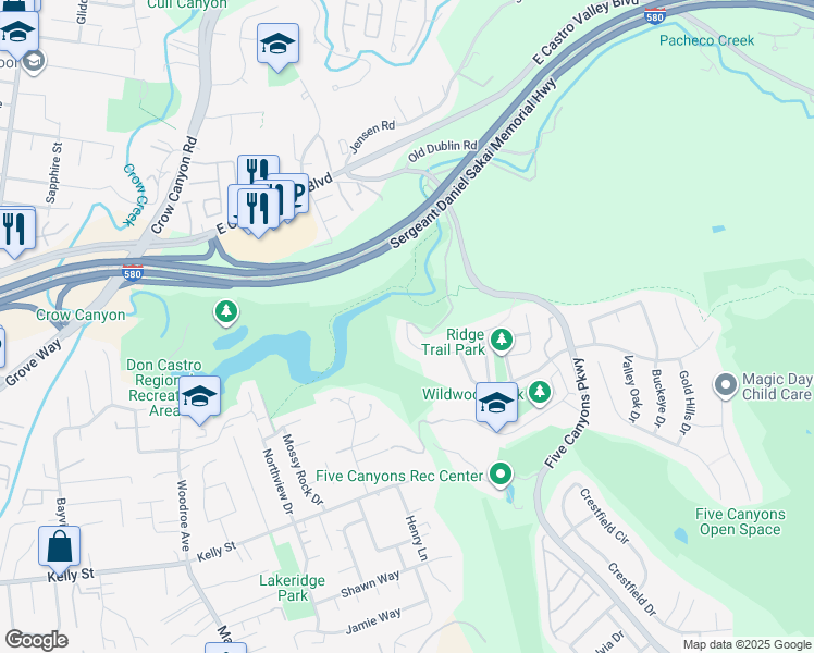 map of restaurants, bars, coffee shops, grocery stores, and more near 22510 Canyon Ridge Place in Castro Valley