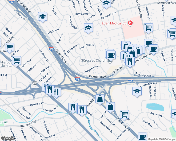 map of restaurants, bars, coffee shops, grocery stores, and more near 2134 Regent Way in Castro Valley