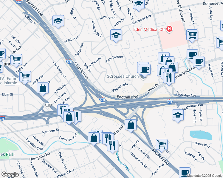 map of restaurants, bars, coffee shops, grocery stores, and more near 2066 Regent Way in Castro Valley