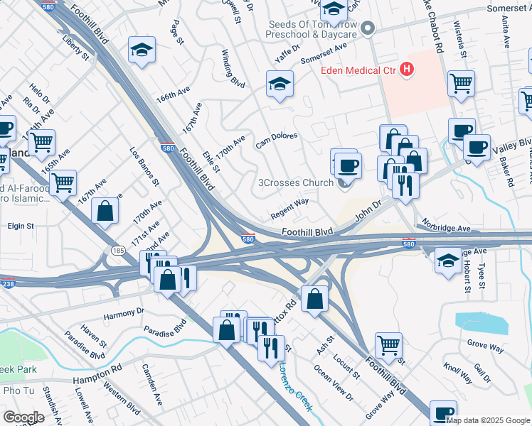 map of restaurants, bars, coffee shops, grocery stores, and more near 2066 Regent Way in Castro Valley