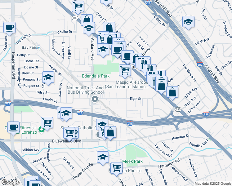 map of restaurants, bars, coffee shops, grocery stores, and more near 16475 Kent Avenue in San Lorenzo